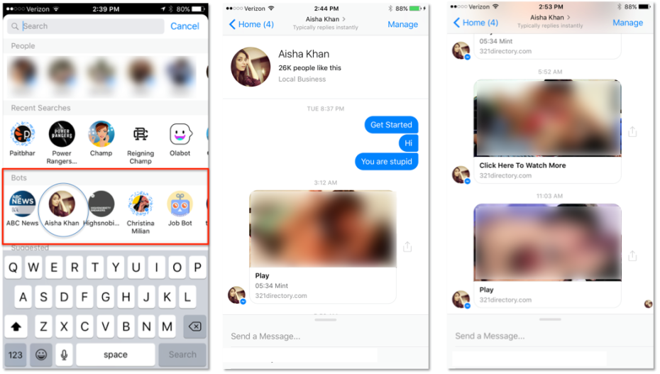Facebook Messenger has been recommending fake porn clickbait bots